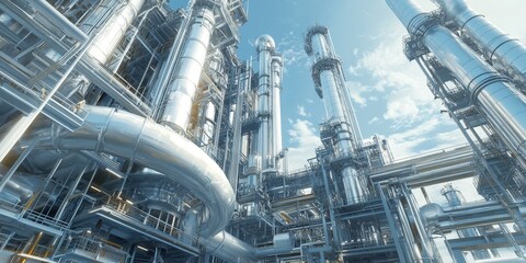 Network of steel pipelines in an oil refinery, surrounded by industrial towers and machinery, under clear skies, metallic and intricate