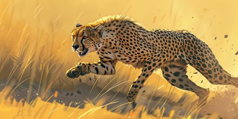 Cheetah Running Through Golden Grass