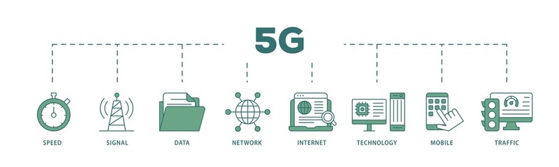 5G icon infographic illustration concept with icon of speed, signal, data, network, internet, technology, mobile and traffic icon png and easy to edit 