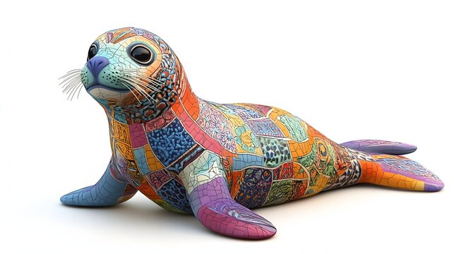 122. **A 3D render of a ceramic tile art depicting a playful seal with vibrant tilework and textures, isolated on a white background