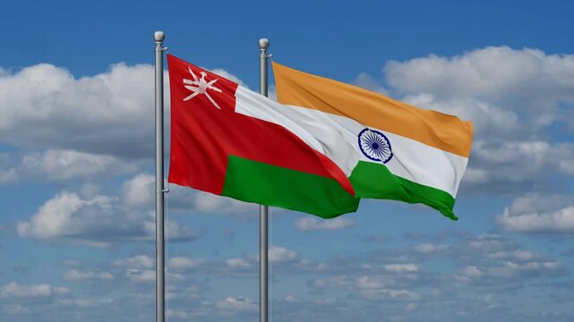 India and Oman flags flying together, video concept of the relationship, two country relations concept