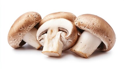Fototapeta premium Three brown cremini mushrooms arranged on a white background.