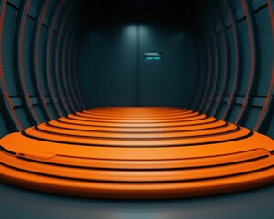 Obraz premium Futuristic corridor with orange steps and dark walls, creating a sci-fi atmosphere suitable for media and design projects.