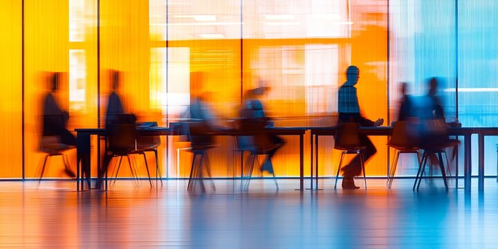 Blurred business professionals in a meeting room with sleek, modern furniture and large windows, capturing the dynamic energy of a corporate setting