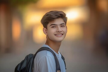 Obraz premium A joyful smiling Asian man exploring a vibrant street filled with warm sunlight, creating a lively and cheerful atmosphere during golden hour