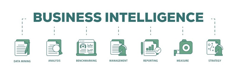 Business intelligence icon infographic illustration concept with icon of data mining, analysis, benchmarking, management, reporting, measure, and strategy icon png and easy to edit 