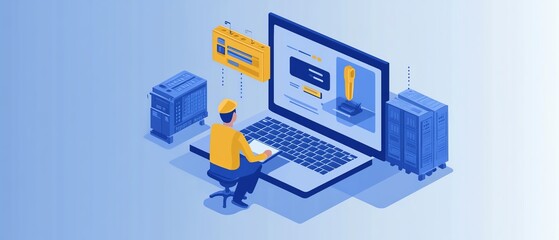 Businessman with laptop and productivity icon, enhancing productivity in industrial management, emphasizing efficiency and lean cost