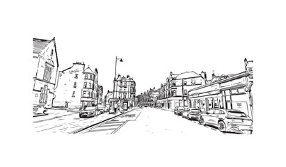 Print Building view with landmark of Stirling is the city in UK. Hand drawn sketch illustration in vector.