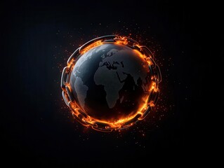 Digital globe wrapped in flaming chains, locks glowing with fire, set against a dark cosmic backdrop with holographic embers and burning data particles