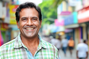Obraz premium Joyful expression Hispanic male in a vibrant street filled with colors and life, captured during a sunny afternoon