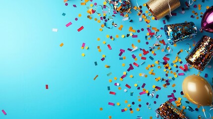 Vibrant party scene with colorful confetti, balloons, and party hats on a bright blue background, perfect for celebration themes.