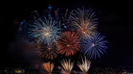 Obraz premium A stunning display of colorful fireworks lighting up the night sky, creating a festive and celebratory atmosphere.