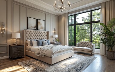 Design a sophisticated luxury bedroom with spacious layout