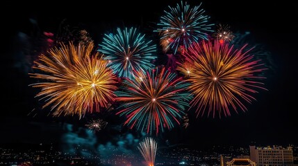 Fototapeta premium A vibrant display of colorful fireworks lighting up the night sky, creating a festive and joyful atmosphere for celebrations.
