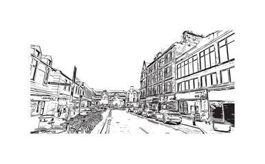 Print Building view with landmark of Stirling is the city in UK. Hand drawn sketch illustration in vector.