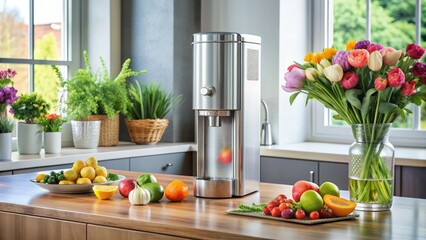 A refreshing stainless steel water cooler dispenser sits on a modern kitchen counter, surrounded by healthy fruits and a vase of fresh flowers.