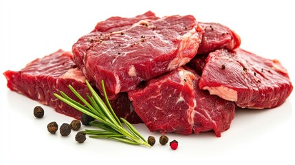 Close-up of raw beef steaks with black peppercorns and rosemary sprigs on a white background.