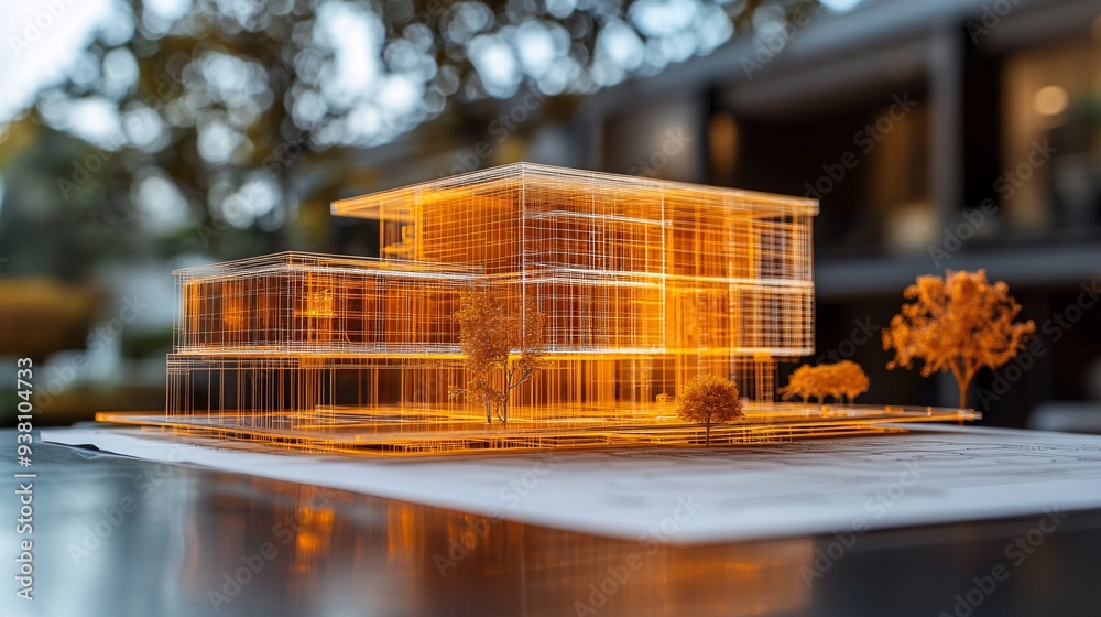 Poster A team of architects gathered around a table with a central 3D holographic display of a building blueprint collaborating and discussing design changes showcasing teamwork in modern architecture Stock