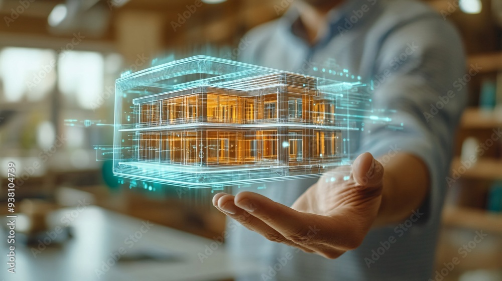 Poster A dynamic scene of an architect using hand gestures to rotate and scale a 3D holographic model of a building blueprint suspended in the air illustrating interactive design processes in the