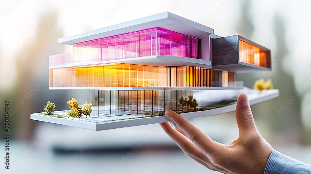 Poster A dynamic scene of an architect using hand gestures to rotate and scale a 3D holographic model of a building blueprint suspended in the air illustrating interactive design processes in the
