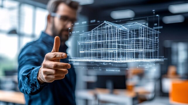 A dynamic scene of an architect using hand gestures to rotate and scale a 3D holographic model of a building blueprint suspended in the air illustrating interactive design processes in the