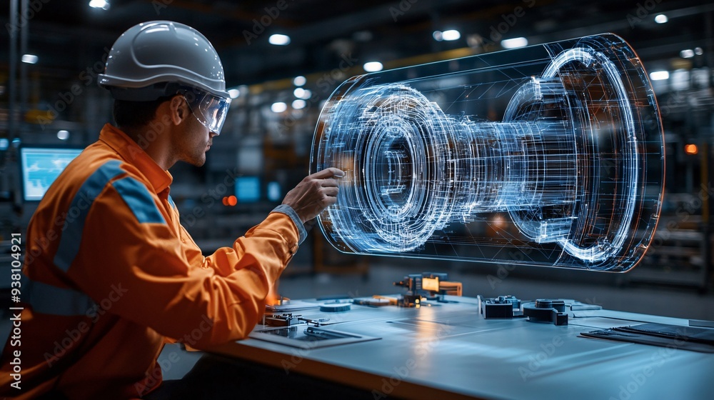 Aufkleber an engineer carefully analyzing a 3d holographic model of intricate machinery floating in mid-air sh