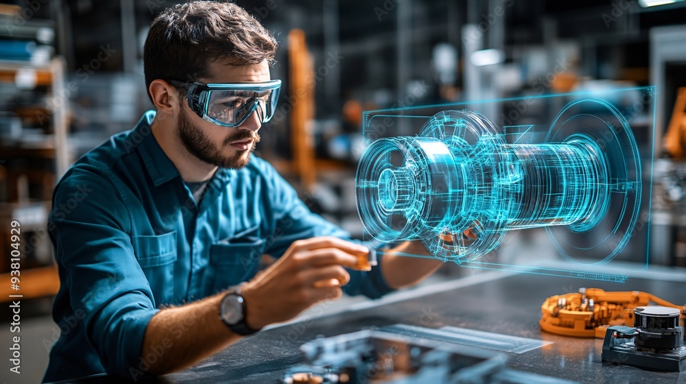Poster An engineer carefully analyzing a 3D holographic model of intricate machinery floating in mid-air showcasing the precision and attention to detail required in technical design Stock Photo with copy