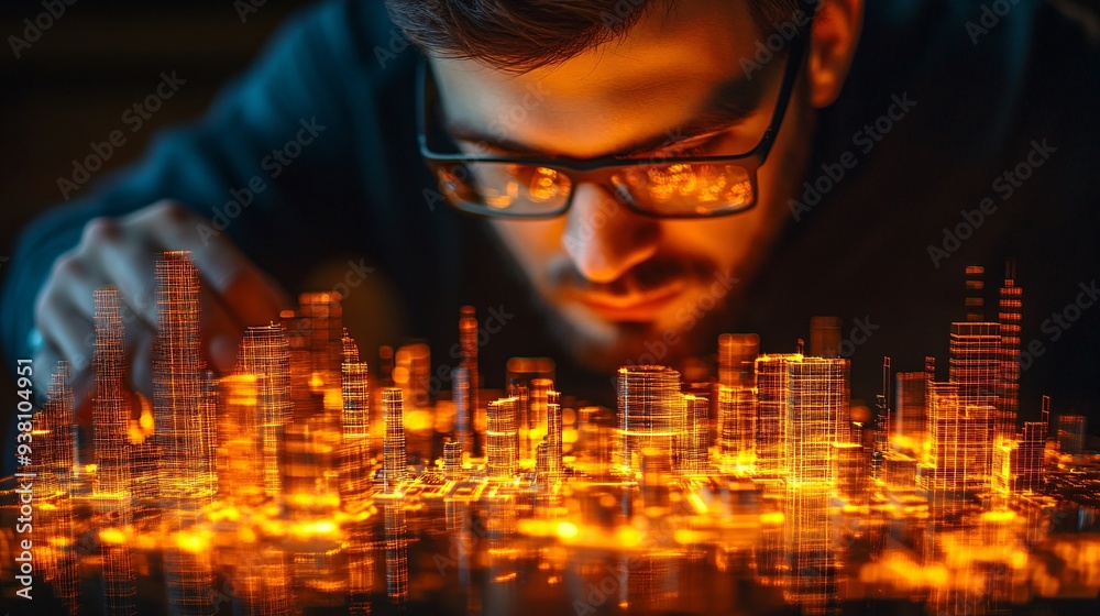 Poster An engineer carefully analyzing a 3D holographic model of intricate machinery floating in mid-air showcasing the precision and attention to detail required in technical design Stock Photo with copy