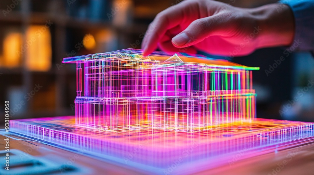 Poster A close-up view of an engineers hand making adjustments to a glowing 3D holographic representation of a mechanical structure highlighting the accuracy necessary in engineering design Stock Photo with