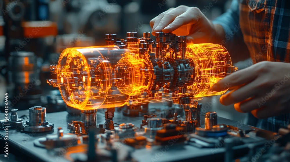 Poster A close-up view of an engineers hand making adjustments to a glowing 3D holographic representation of a mechanical structure highlighting the accuracy necessary in engineering design Stock Photo with