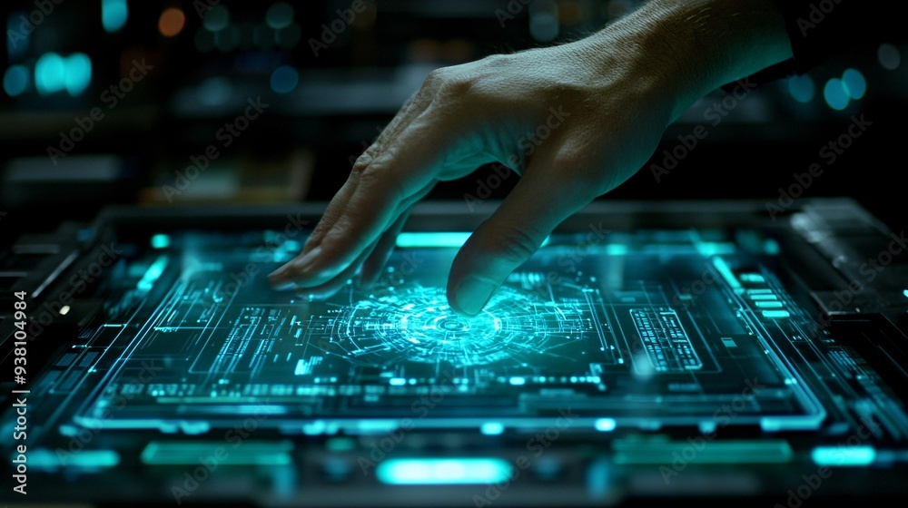 Aufkleber A close-up view of an engineers hand making adjustments to a glowing 3D holographic representation of a mechanical structure highlighting the accuracy necessary in engineering design Stock Photo with