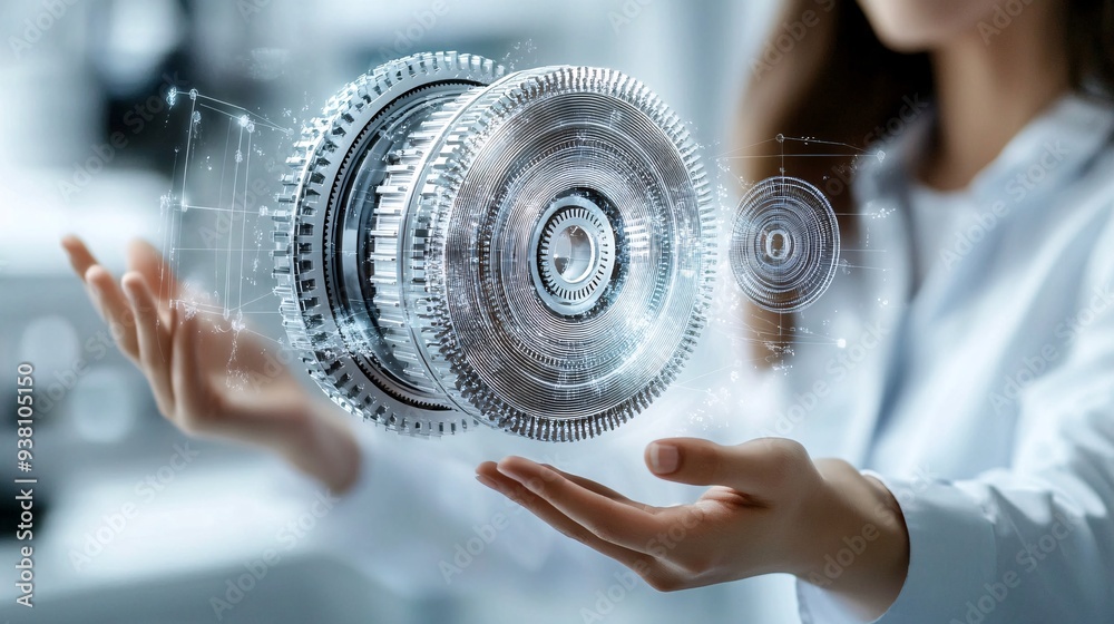 Poster A dynamic scene of an engineer using hand gestures to manipulate a 3D holographic model of complex machinery suspended in the air illustrating the precision and control in modern engineering design