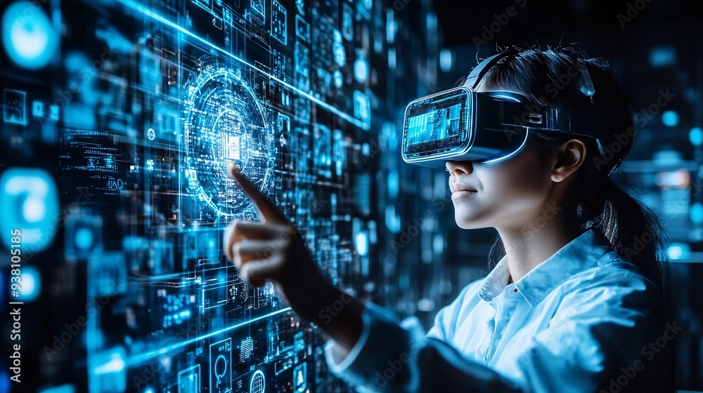 Poster An engineer wearing augmented reality glasses while examining a hovering 3D holographic representation of a large mechanical structure depicting the integration of advanced technology in engineering
