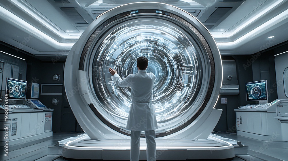 Poster A dynamic scene of an engineer using hand gestures to manipulate a 3D holographic model of complex machinery suspended in the air illustrating the precision and control in modern engineering design