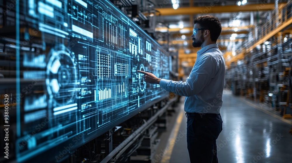 Poster An engineer standing in a futuristic lab environment interacting with a large 3D holographic display of a complex structure demonstrating the detailed analysis required in precision engineering Stock