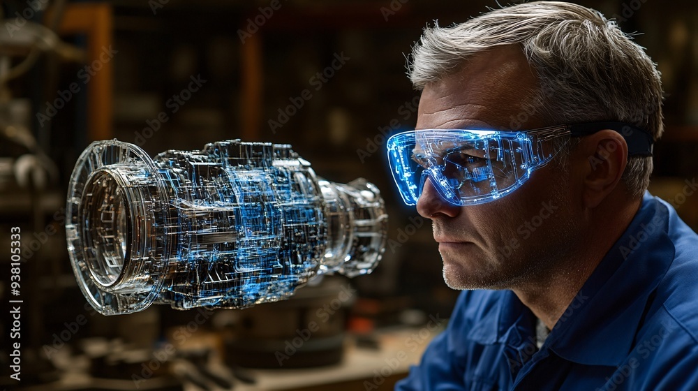 Poster A side profile of an engineer intensely focused on a glowing 3D holographic projection of an intricate mechanical component capturing the critical attention to detail in technical design work Stock
