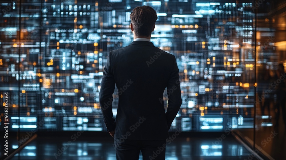 Poster An engineer standing in a futuristic lab environment interacting with a large 3D holographic display of a complex structure demonstrating the detailed analysis required in precision engineering Stock