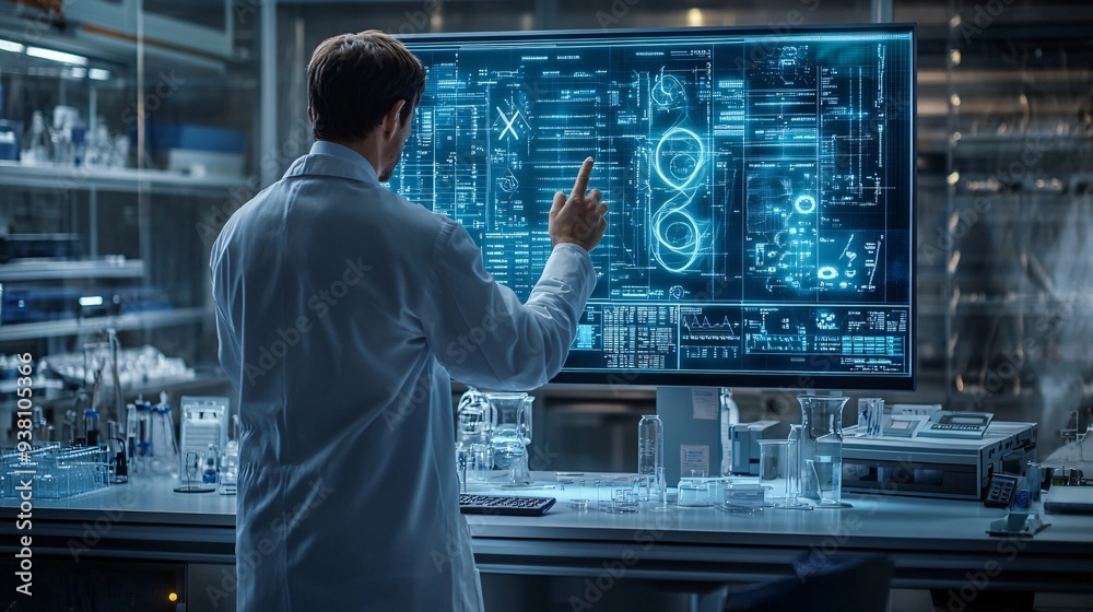 Poster An engineer standing in a futuristic lab environment interacting with a large 3D holographic display of a complex structure demonstrating the detailed analysis required in precision engineering Stock