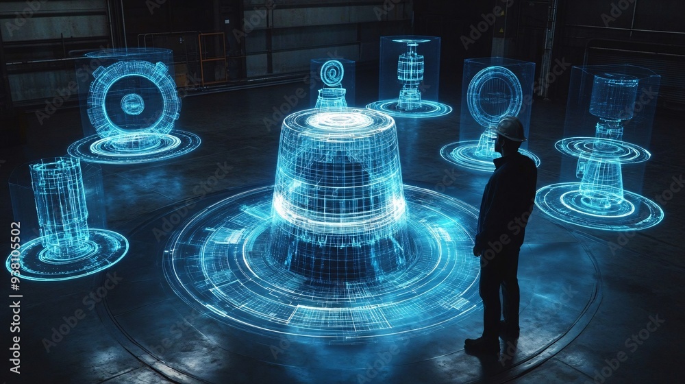 Poster A high-angle shot of an engineer surrounded by floating 3D holographic models of various machinery parts emphasizing the depth of technical detail needed in engineering design Stock Photo with copy