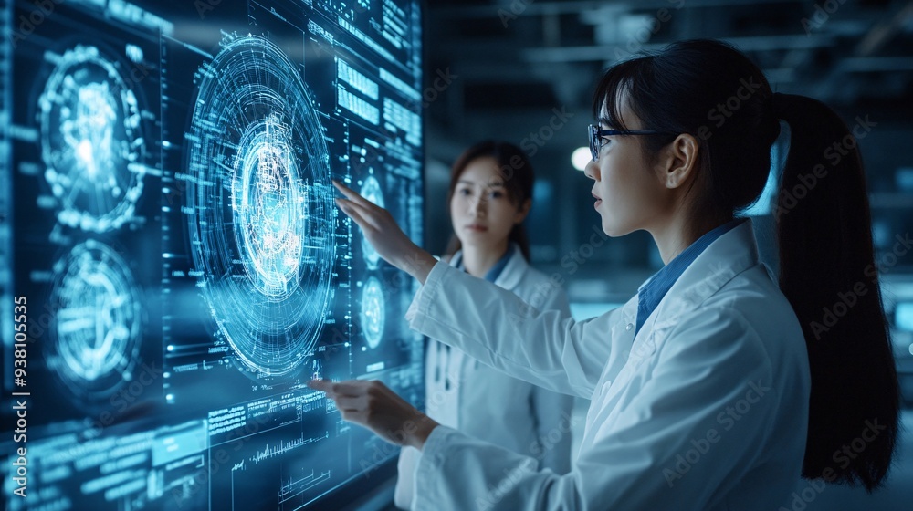 Leinwandbilder An engineer collaborating with a colleague in front of a 3D holographic representation of complex mechanical systems highlighting the teamwork and precision involved in engineering projects Stock
