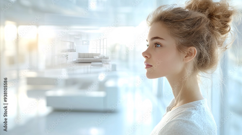 Poster an interior designer gazing intently at a 3d hologram of a fully furnished living room floating in f