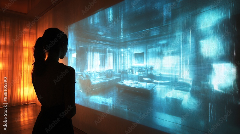 Poster An interior designer gazing intently at a 3D hologram of a fully furnished living room floating in front of them demonstrating the use of advanced technology in space planning Stock Photo with copy
