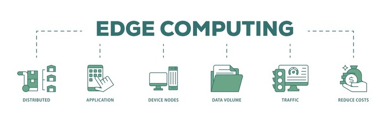 Edge computing icon infographic illustration concept with icon of distributed computing, application, device nodes, data volume, traffic and reduce costs icon png and easy to edit 