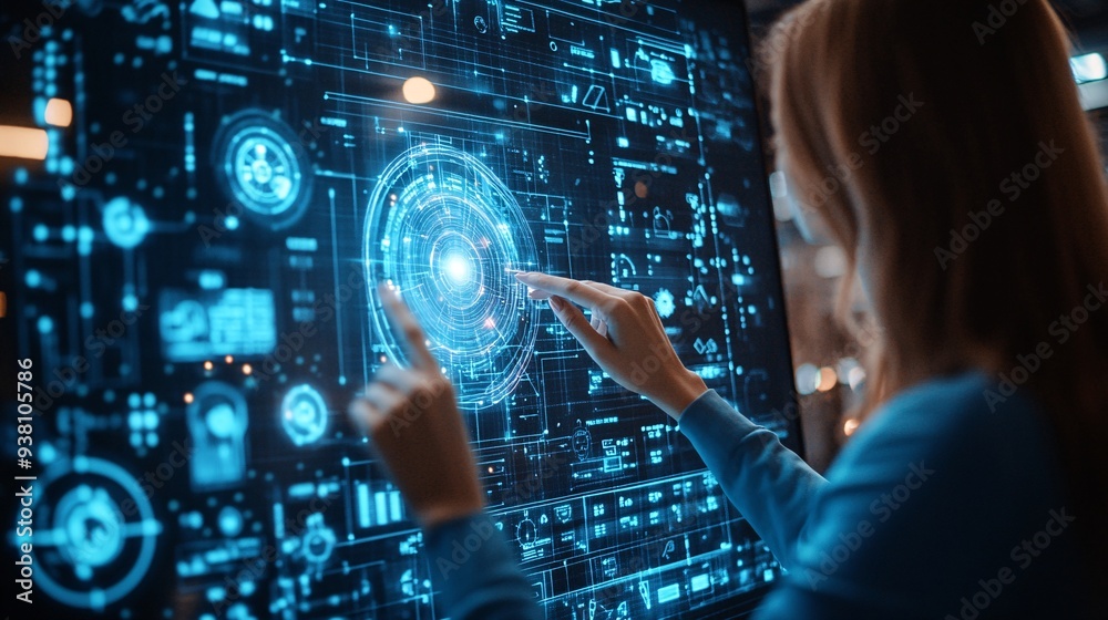 Poster A close-up of an interior designer manipulating a 3D holographic representation of a modern kitchen layout showcasing the detailed planning involved in creating functional and aesthetic spaces Stock