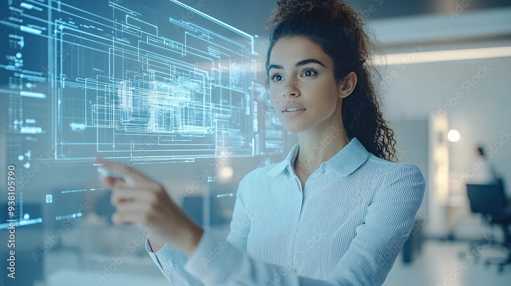 Aufkleber An interior designer in a high-tech studio interacting with a 3D hologram of a spacious office setup floating mid-air emphasizing the innovative use of holograms in visualizing room layouts Stock
