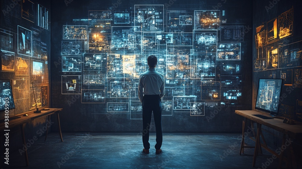 Poster a futuristic scene of an interior designer surrounded by multiple 3d holographic projections of diff