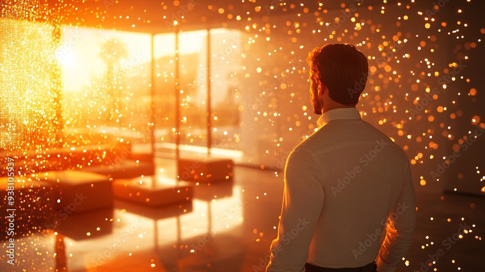 Poster a designer adjusting the lighting within a 3d holographic model of a luxury living room highlighting