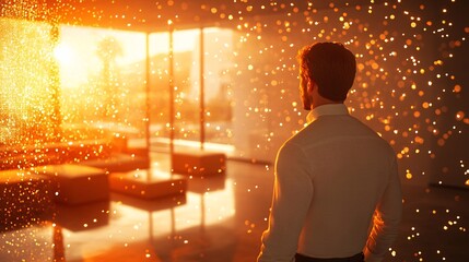 A designer adjusting the lighting within a 3D holographic model of a luxury living room highlighting the level of detail and customization available in modern interior design tools Stock Photo with