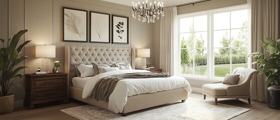 Imagine a luxurious and elegant bedroom with high ceilings