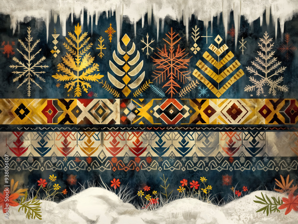 Wall mural A colorful and intricate design of trees and snowflakes. The image has a warm and cozy feeling, with the trees and snowflakes representing the winter season. The design is a mix of different colors